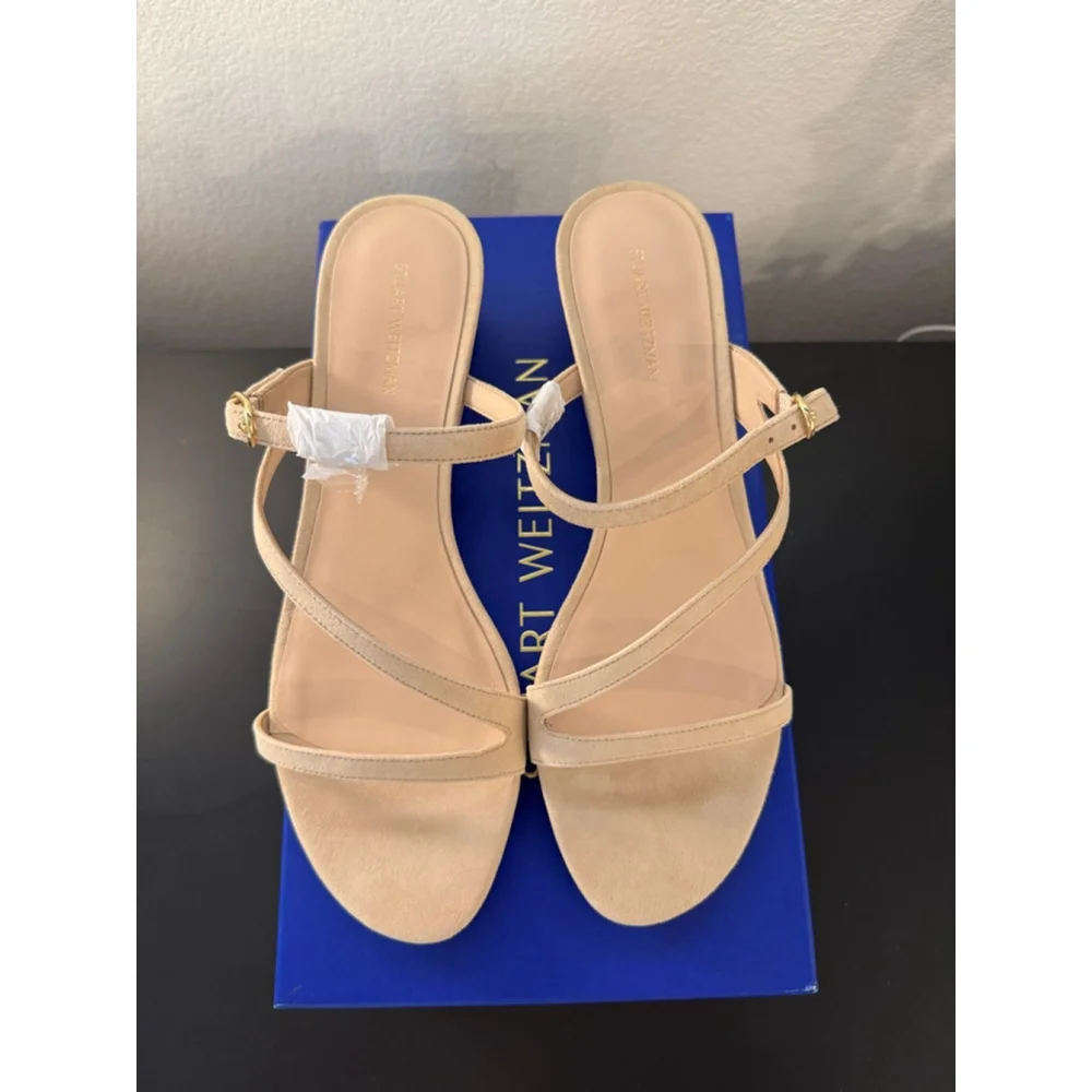 Women's Stuart‎ Weitzman Golden Beige Suede Wedge Sandals Size 10.5 - Picture 3 of 10